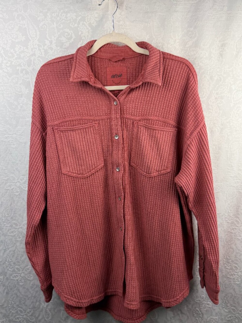 Aerie Women’s 14 Waffle Knit Button Front Shirt Oversized Jacket Textured